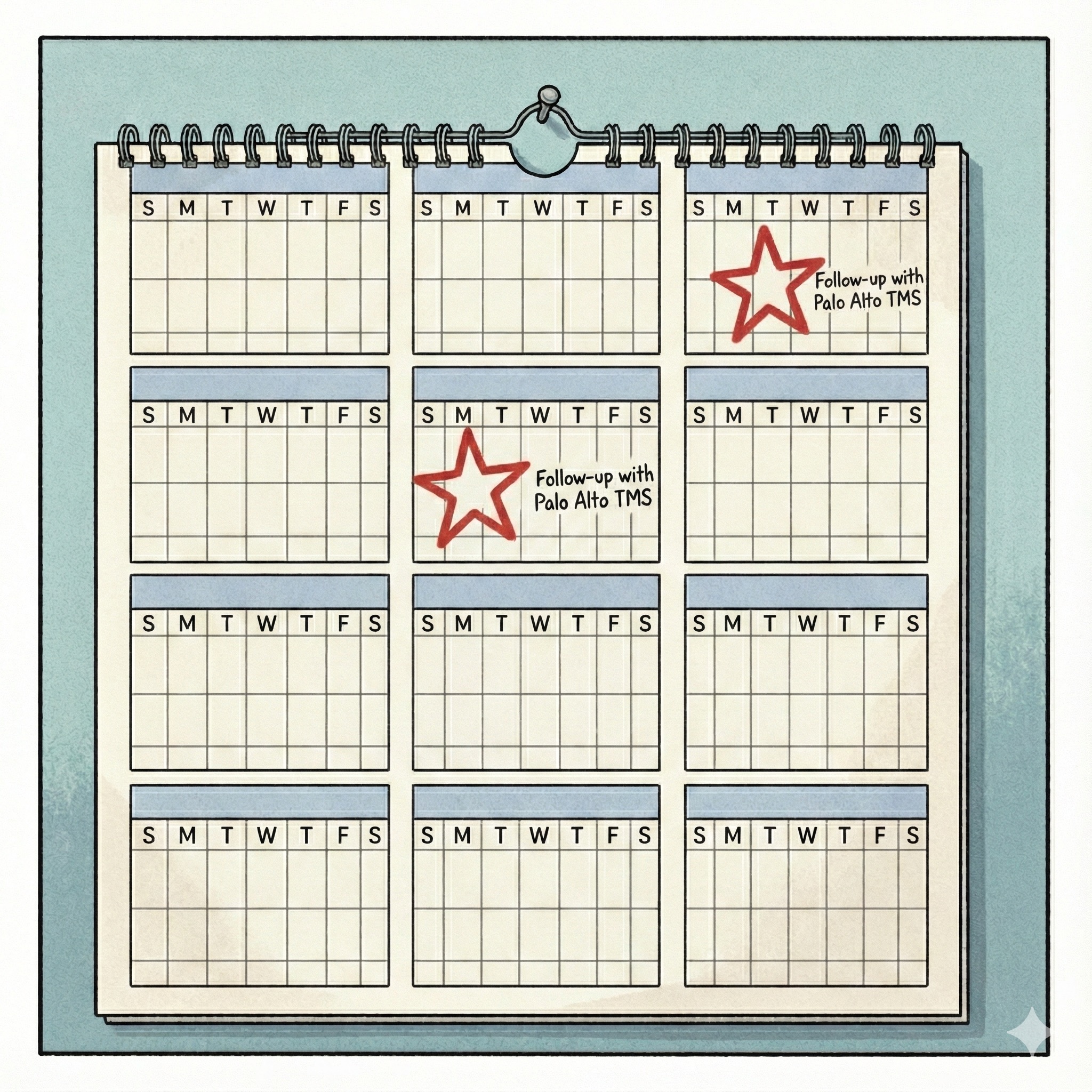 Follow-up care calendar showing scheduled maintenance sessions