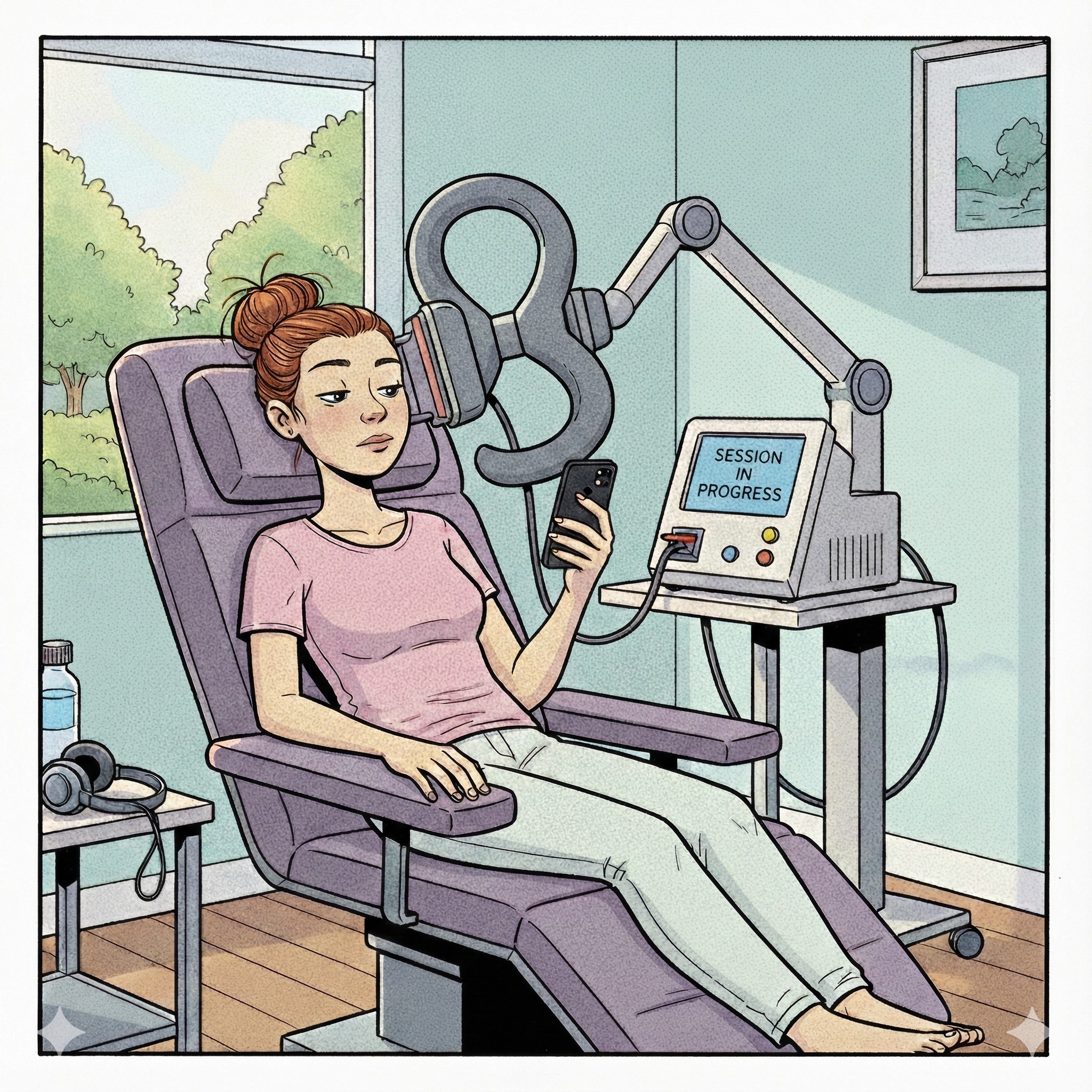 TMS treatment session - patient relaxing in chair with phone during treatment
